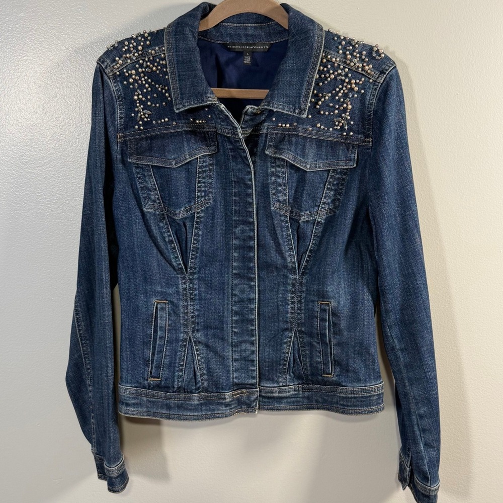 WHBM Pearl Crystal Embellished Denim Jacket Dark Wash Large